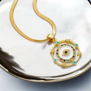 18k Gold- Plated Evil Eye Pendant Necklace with CZ Accents. New.